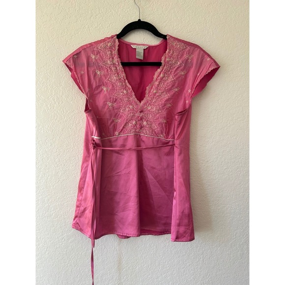 Tweeds Tops - Vtg Tweeds Pink Embroidered Babydoll Cap Sleeve Tunic Tie Waist L Coquette Fairy